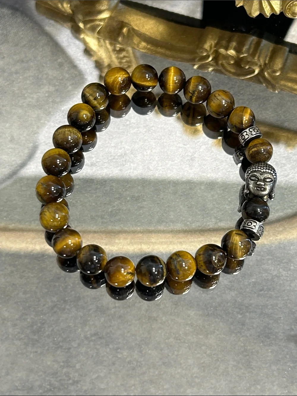 Tiger Eye Beaded Stretch Bracelet with Buddha Accent